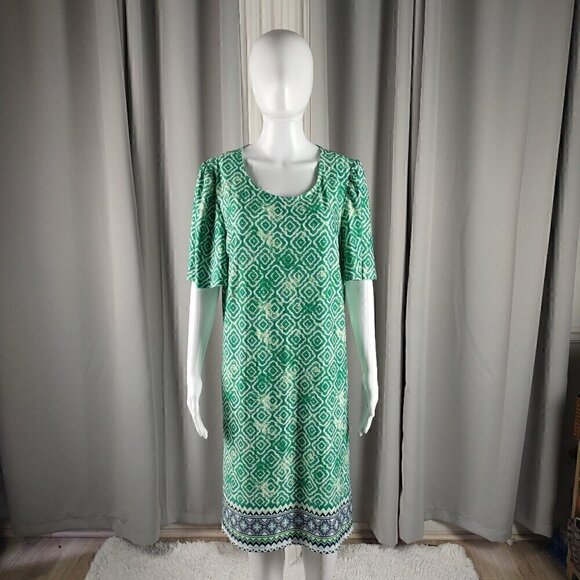 Kim Rogers Women's Green White, Patterned Sheath Mid Sleeve Midi Dress Size L - Picture 1 of 10